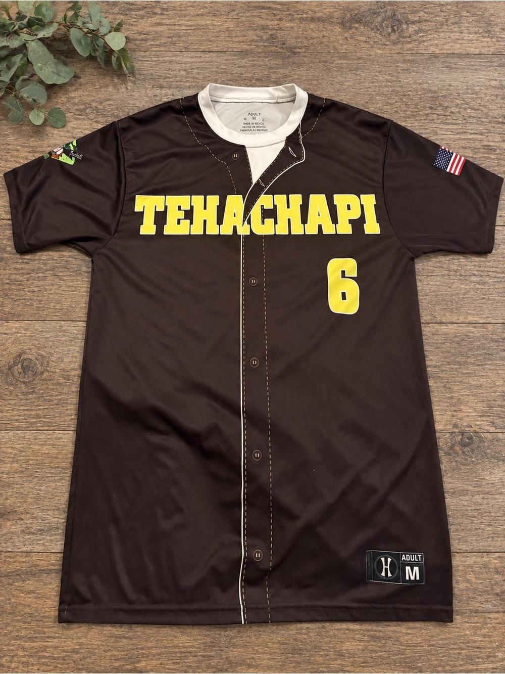 Men's Brown Tehachapi Baseball Jersey with Yellow Number 6